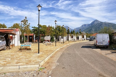 The center of Gruemirë, Albania with shops and coffee bars